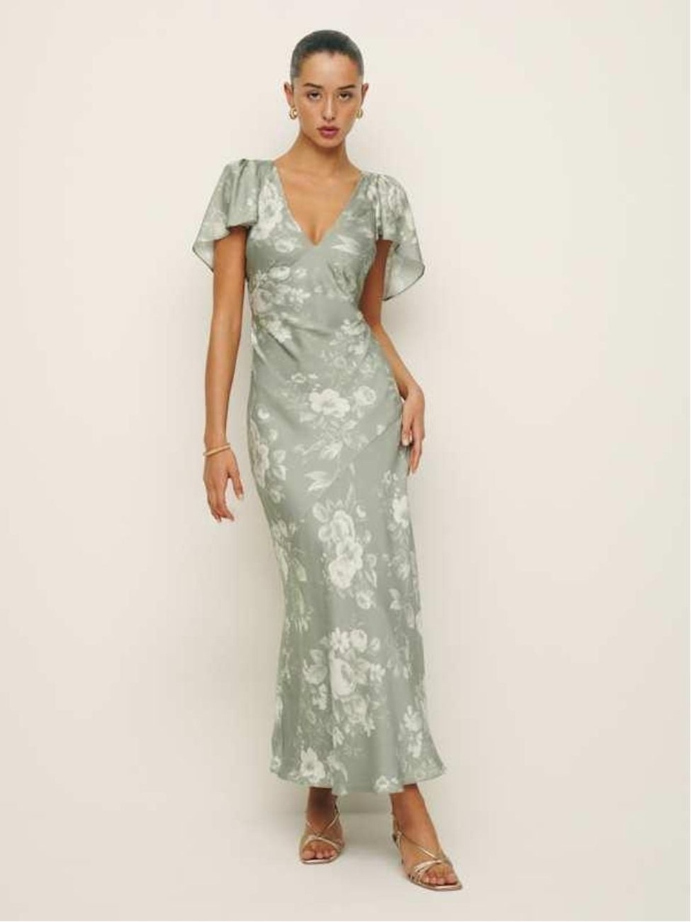 Reformation Vida Satin Maxi Dress | Vendela Floral Print Sage Ivory | Size 0 - Picture 15 of 16